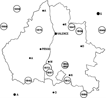 Epicentres des séismes ressentis en Drôme-Ardèche au 19e siècle