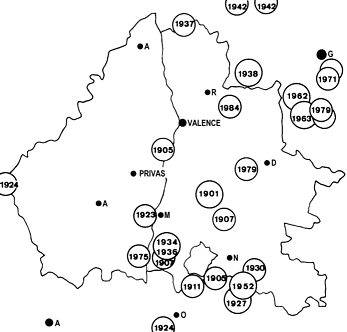 Epicentres des séismes ressentis en Drôme-Ardèche au 20e siècle